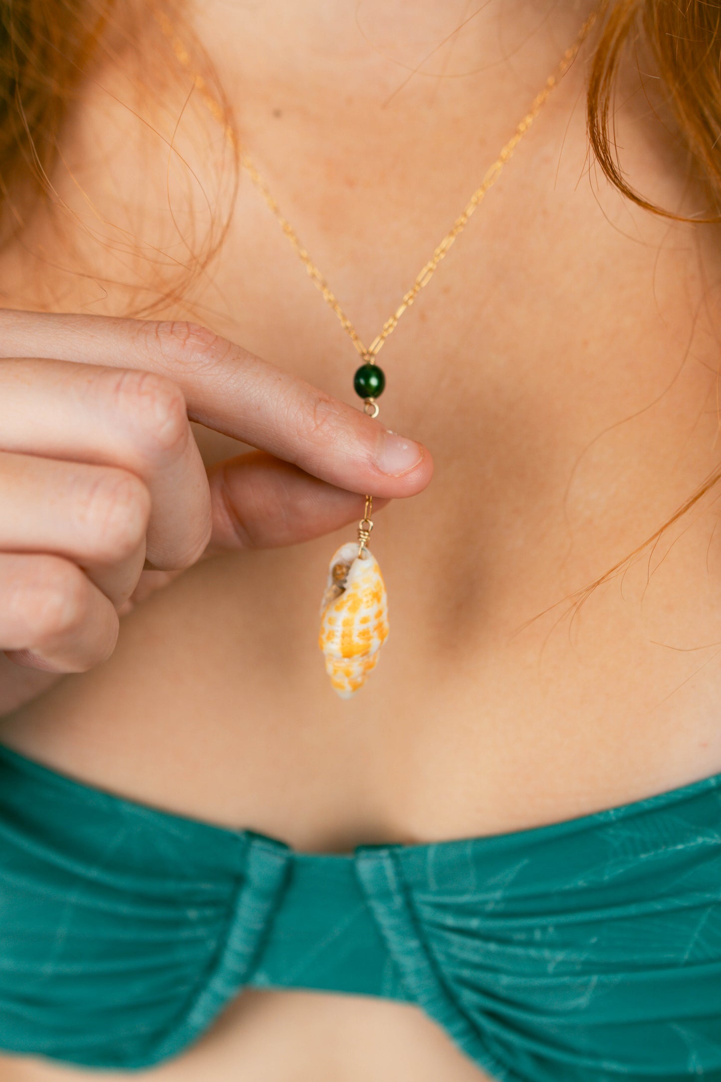Orange Miter + Green Pearl Lariat Necklace