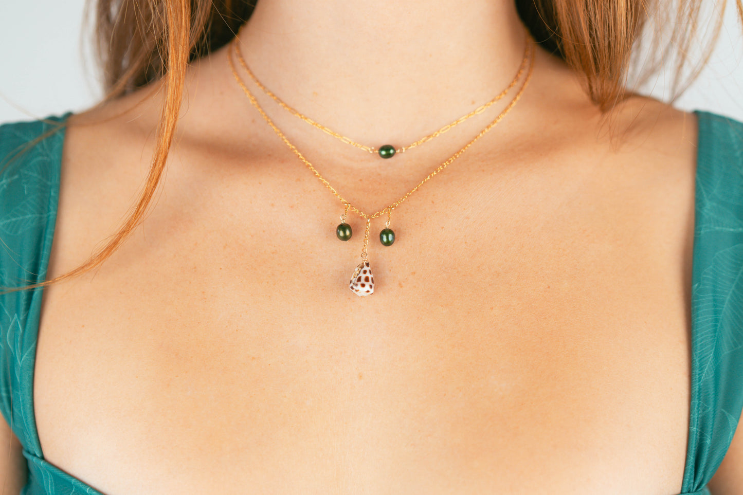 Hebrew Cone + Green Pearls Necklace