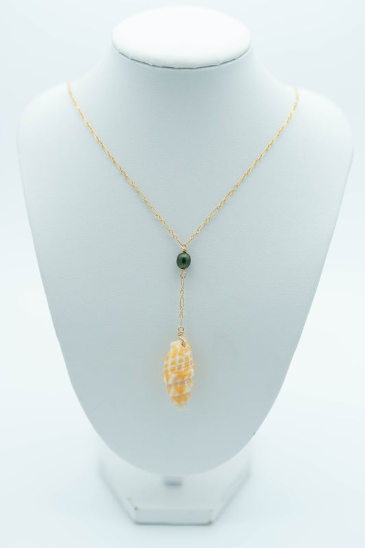 Orange Miter + Green Pearl Lariat Necklace